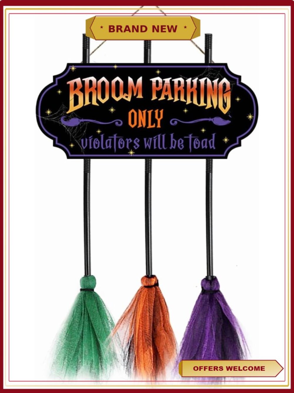 Halloween Witch Broom Decor Wooden Hanging Sign Parking Set